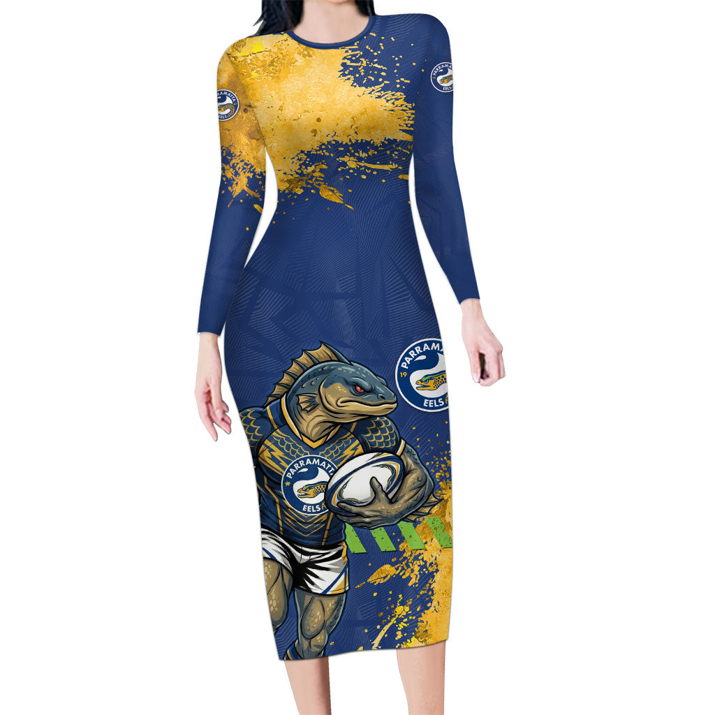 Personalised Parramatta Eels Rugby Long Sleeve Bodycon Dress Eel Mascot - Sporty Splash Art Style