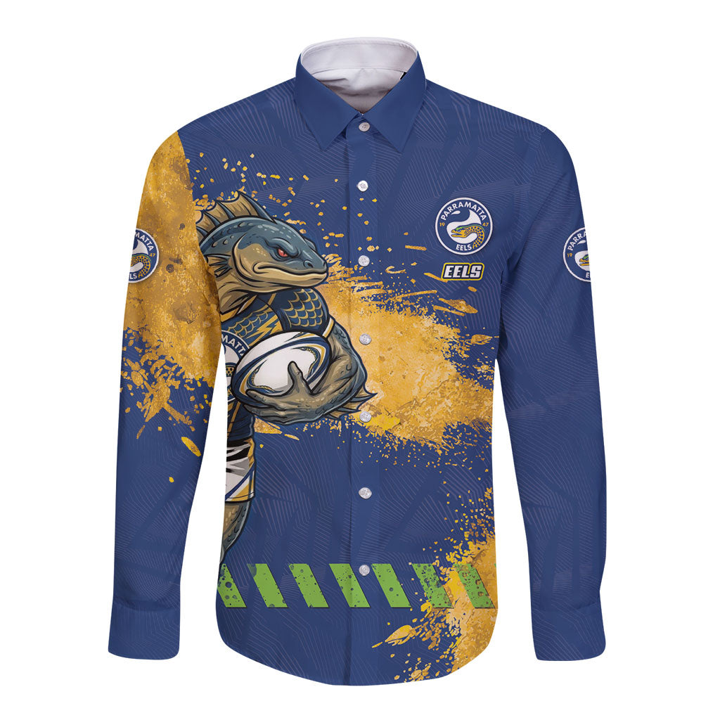 Personalised Parramatta Eels Rugby Long Sleeve Button Shirt Eel Mascot - Sporty Splash Art Style
