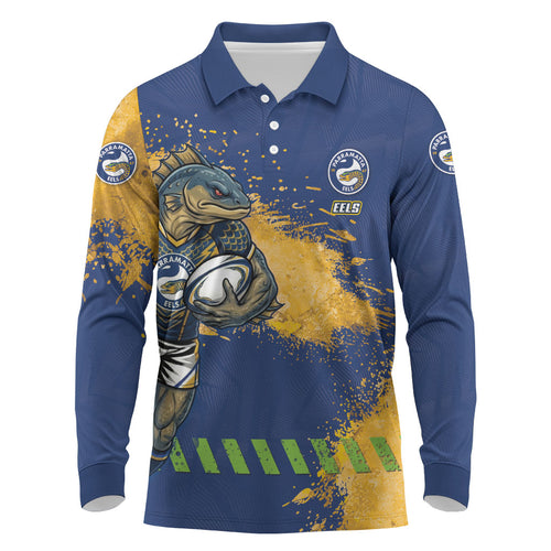 Personalised Parramatta Eels Rugby Long Sleeve Polo Shirt Eel Mascot - Sporty Splash Art Style