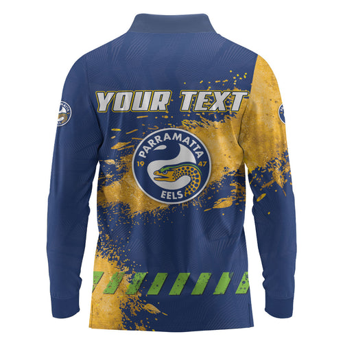 Personalised Parramatta Eels Rugby Long Sleeve Polo Shirt Eel Mascot - Sporty Splash Art Style