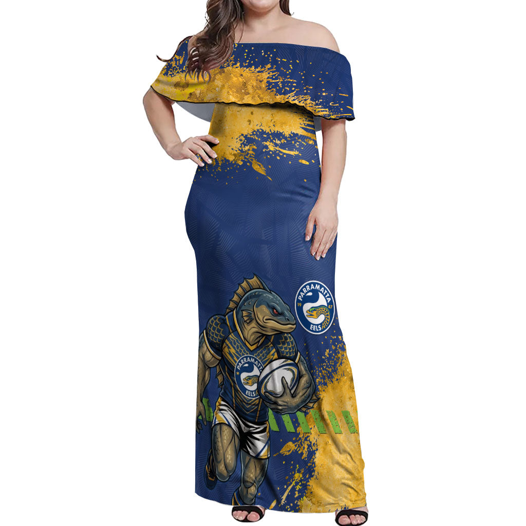 Personalised Parramatta Eels Rugby Off Shoulder Maxi Dress Eel Mascot - Sporty Splash Art Style