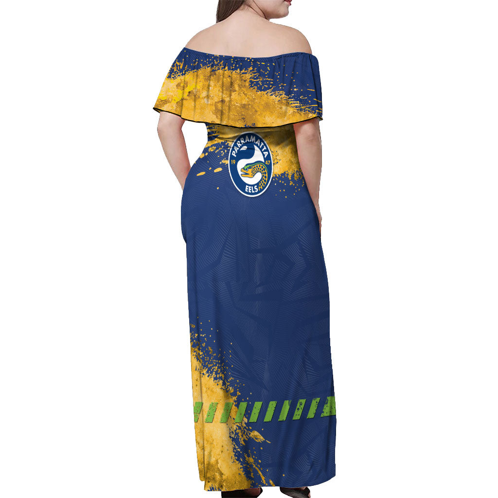 Personalised Parramatta Eels Rugby Off Shoulder Maxi Dress Eel Mascot - Sporty Splash Art Style