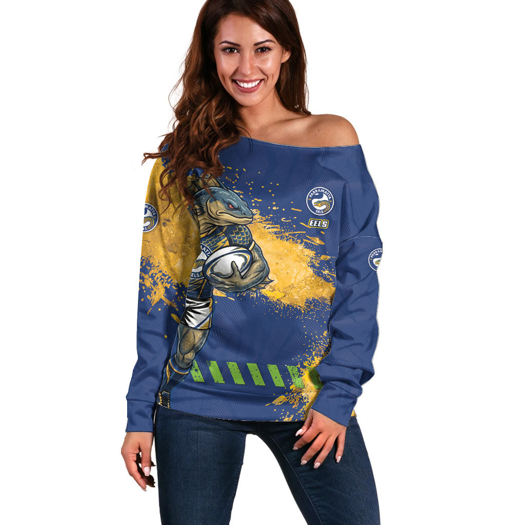 Personalised Parramatta Eels Rugby Off Shoulder Sweater Eel Mascot - Sporty Splash Art Style
