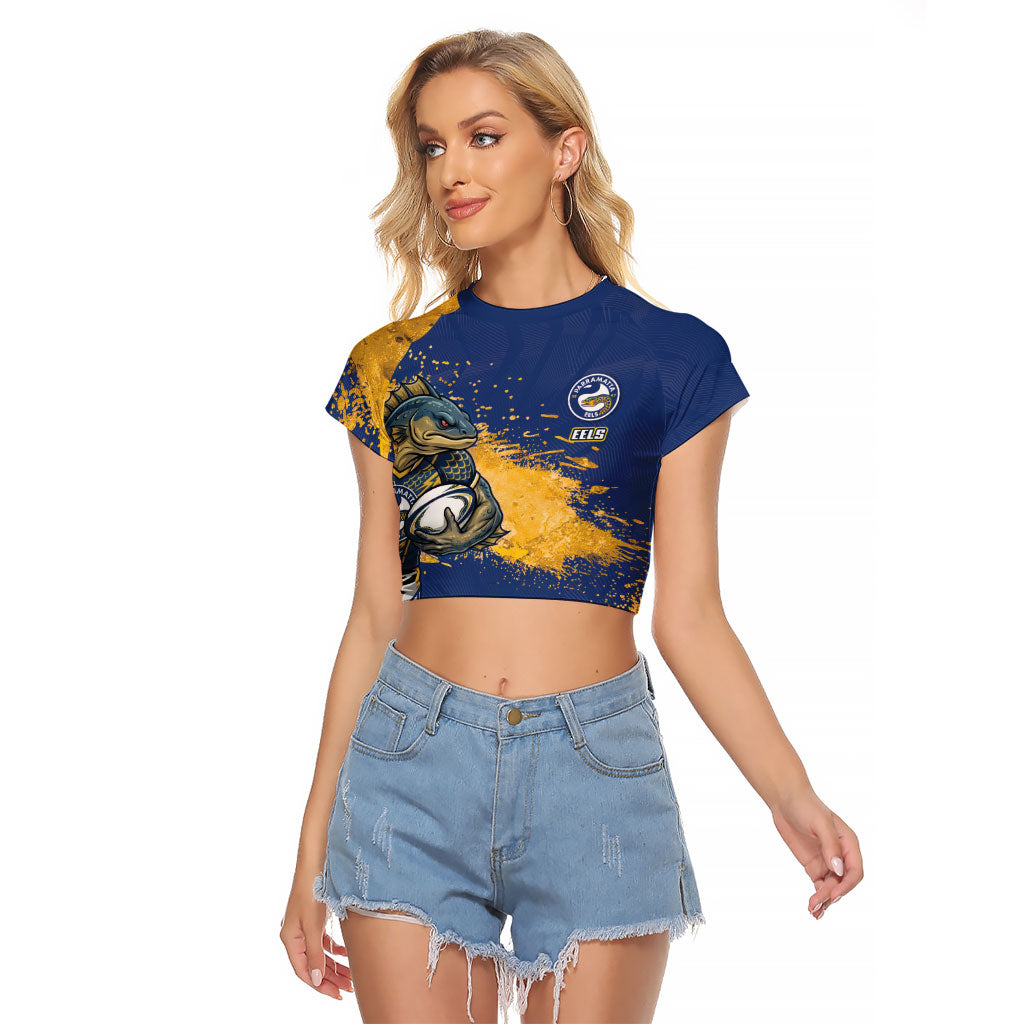 Personalised Parramatta Eels Rugby Raglan Cropped T Shirt Eel Mascot - Sporty Splash Art Style