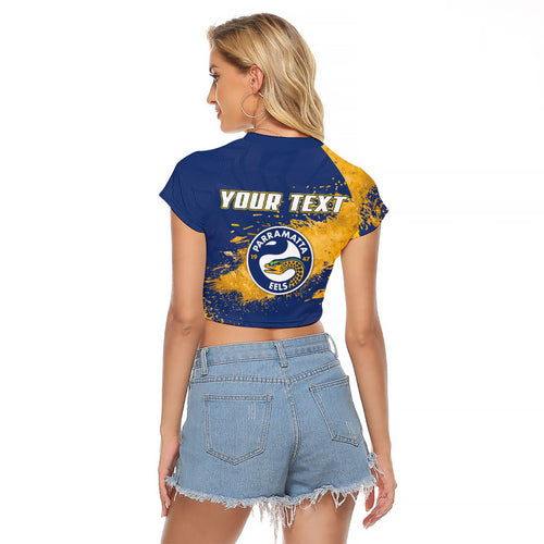 Personalised Parramatta Eels Rugby Raglan Cropped T Shirt Eel Mascot - Sporty Splash Art Style