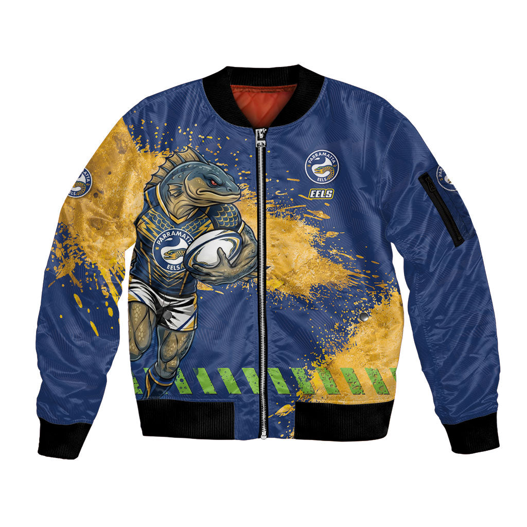 Personalised Parramatta Eels Rugby Sleeve Zip Bomber Jacket Eel Mascot - Sporty Splash Art Style