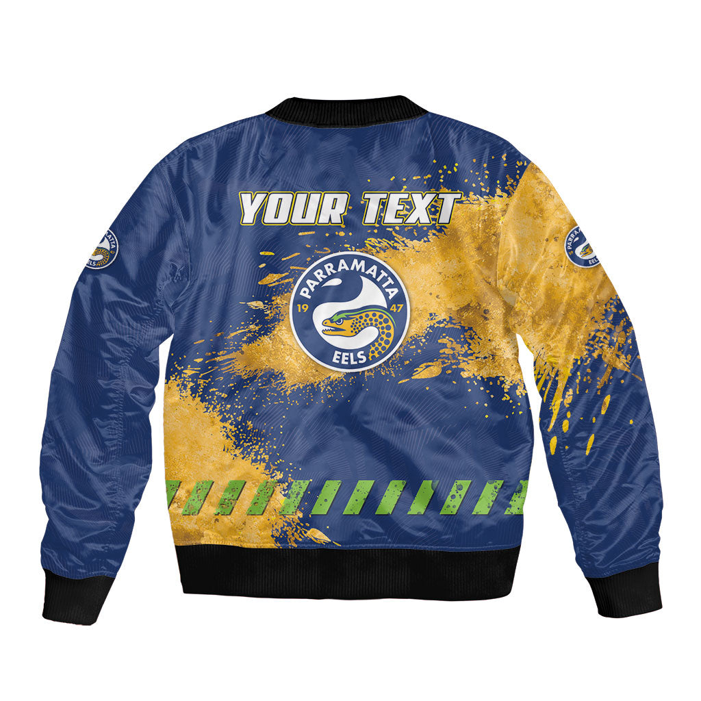 Personalised Parramatta Eels Rugby Sleeve Zip Bomber Jacket Eel Mascot - Sporty Splash Art Style
