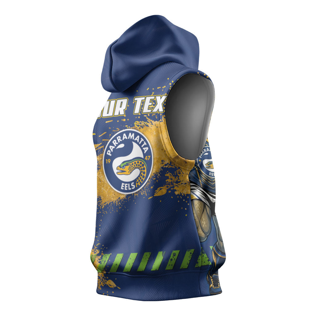 Personalised Parramatta Eels Rugby Sleeveless Hoodie Eel Mascot - Sporty Splash Art Style