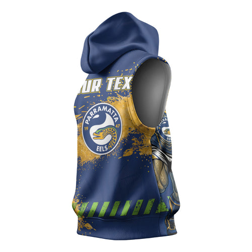 Personalised Parramatta Eels Rugby Sleeveless Hoodie Eel Mascot - Sporty Splash Art Style