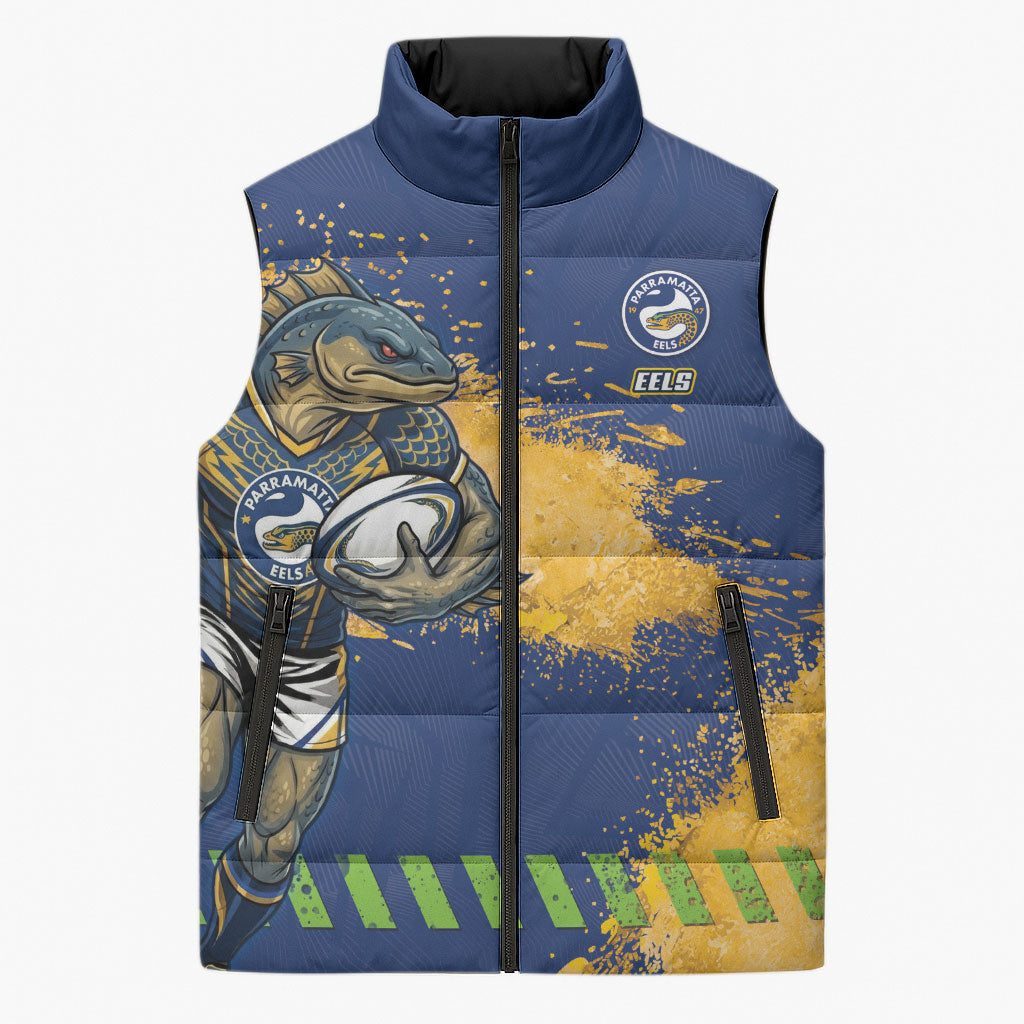 Personalised Parramatta Eels Rugby Sleeveless Puffer Jacket Eel Mascot - Sporty Splash Art Style