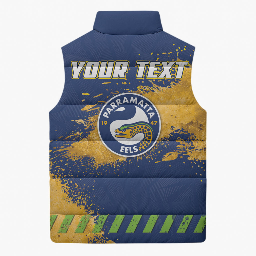 Personalised Parramatta Eels Rugby Sleeveless Puffer Jacket Eel Mascot - Sporty Splash Art Style