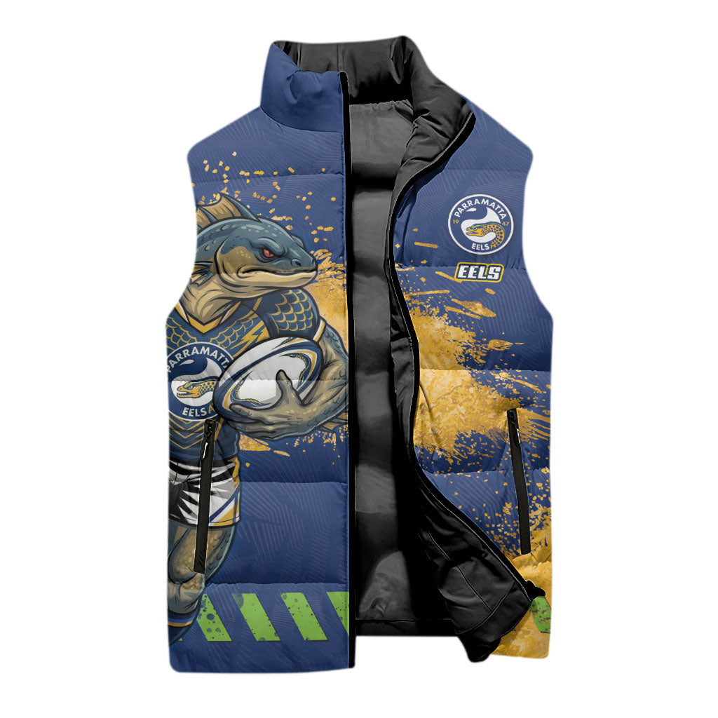 Personalised Parramatta Eels Rugby Sleeveless Puffer Jacket Eel Mascot - Sporty Splash Art Style