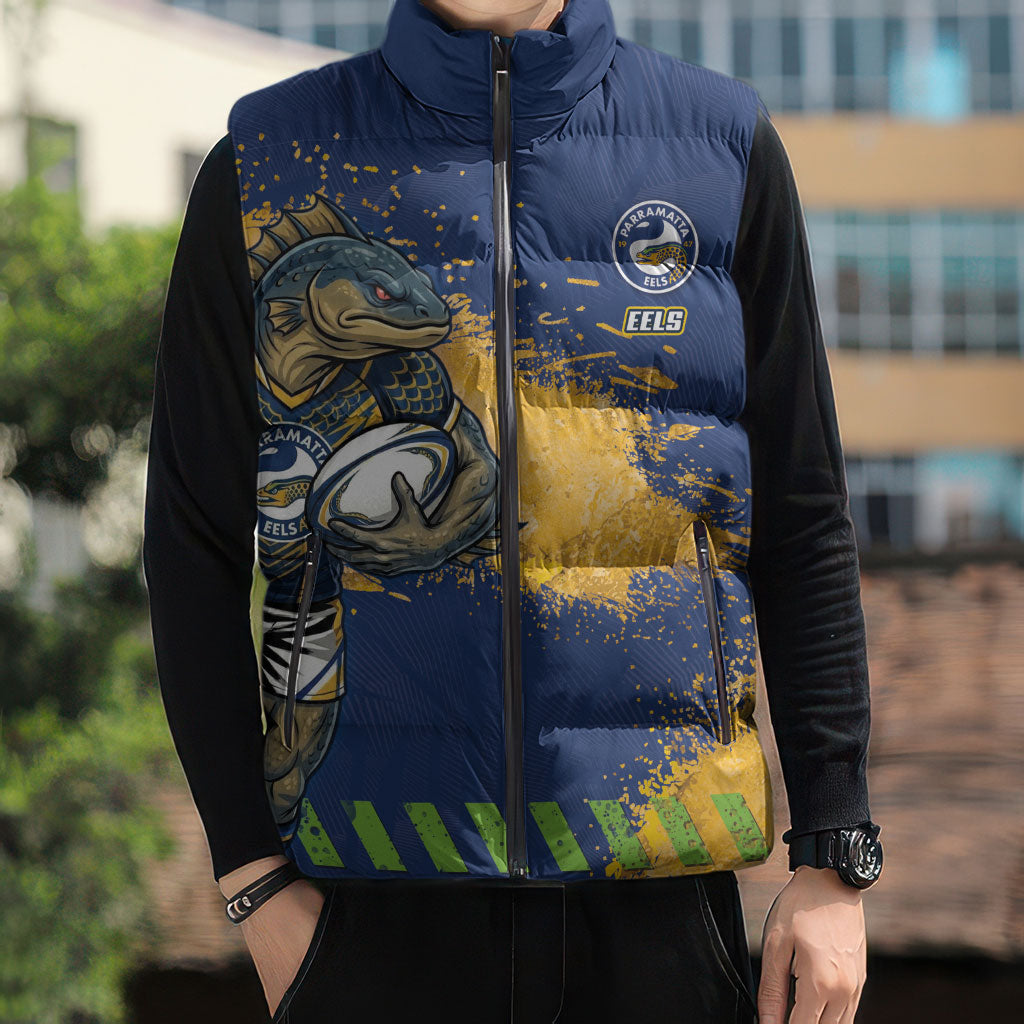 Personalised Parramatta Eels Rugby Sleeveless Puffer Jacket Eel Mascot - Sporty Splash Art Style
