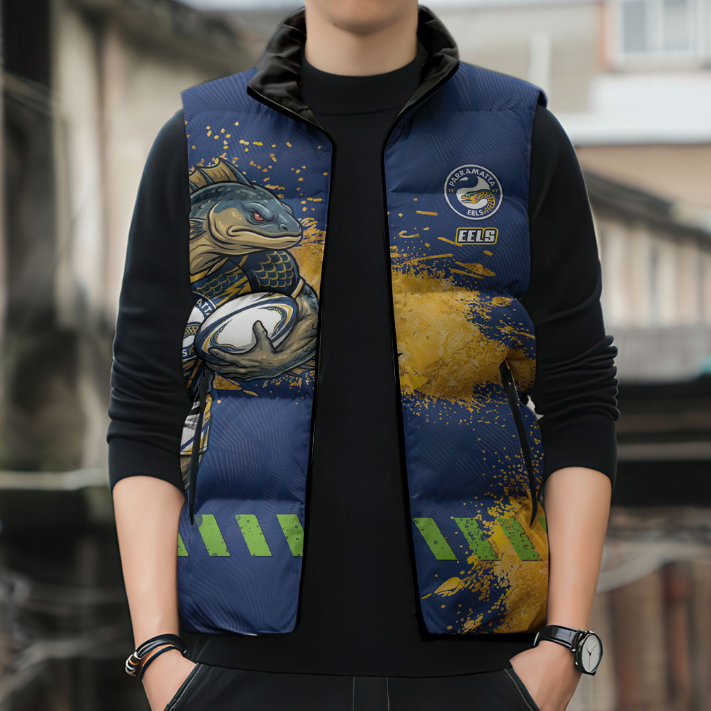 Personalised Parramatta Eels Rugby Sleeveless Puffer Jacket Eel Mascot - Sporty Splash Art Style