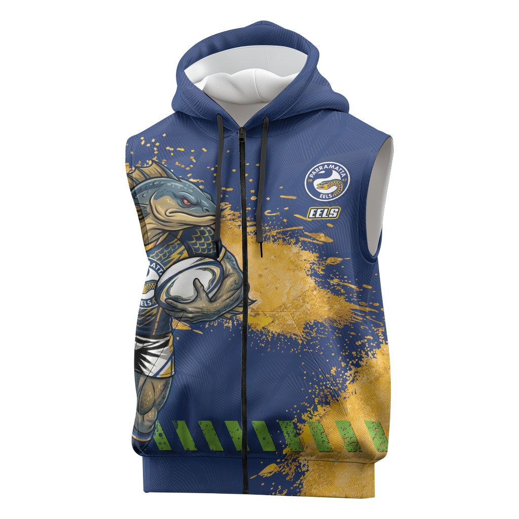 Personalised Parramatta Eels Rugby Sleeveless Zip Hoodie Eel Mascot - Sporty Splash Art Style
