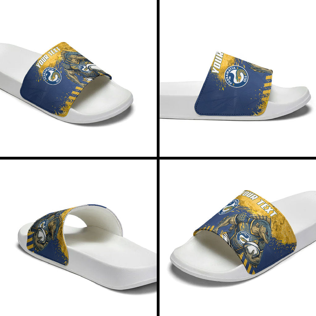 Personalised Parramatta Eels Rugby Slide Sandals Eel Mascot - Sporty Splash Art Style