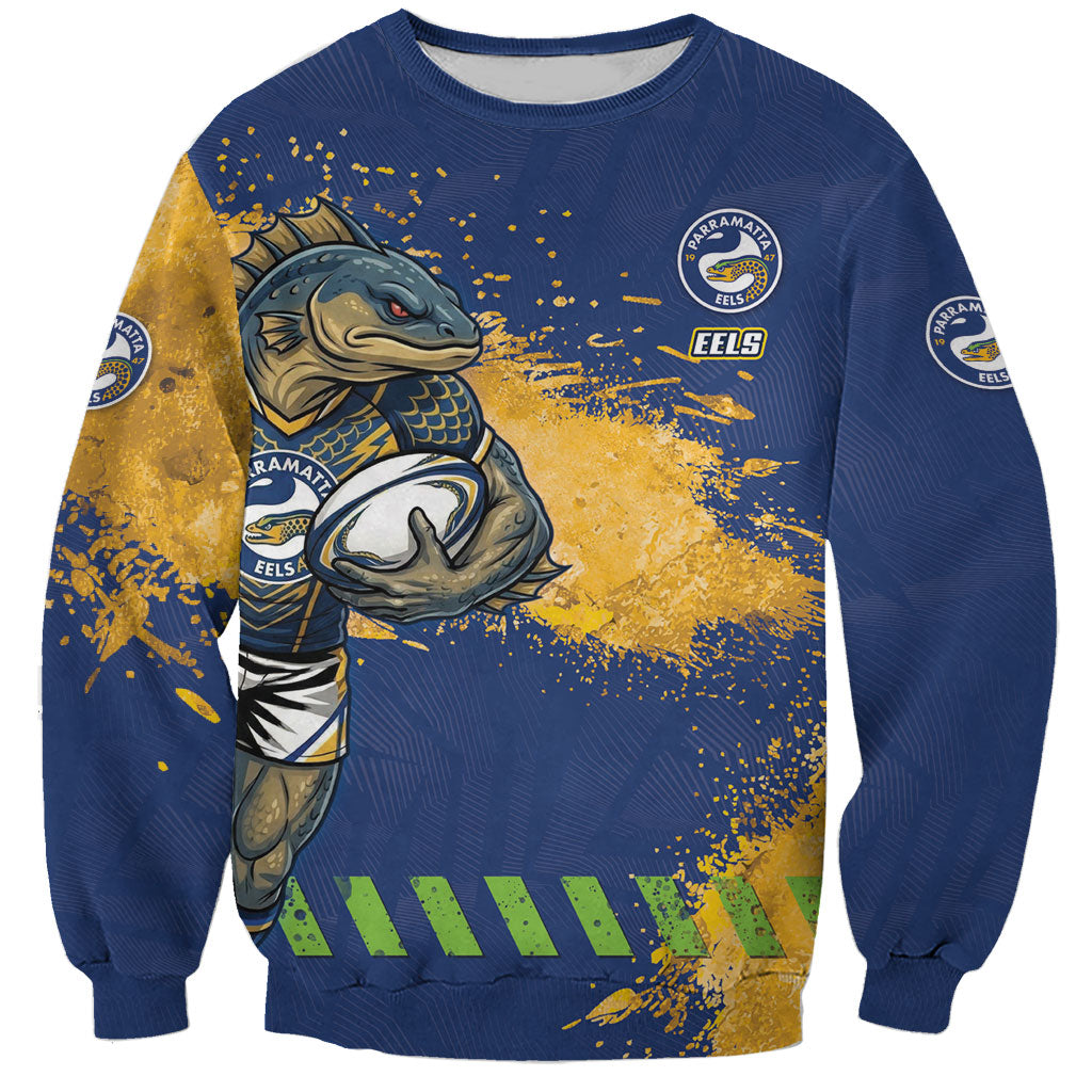 Personalised Parramatta Eels Rugby Sweatshirt Eel Mascot - Sporty Splash Art Style