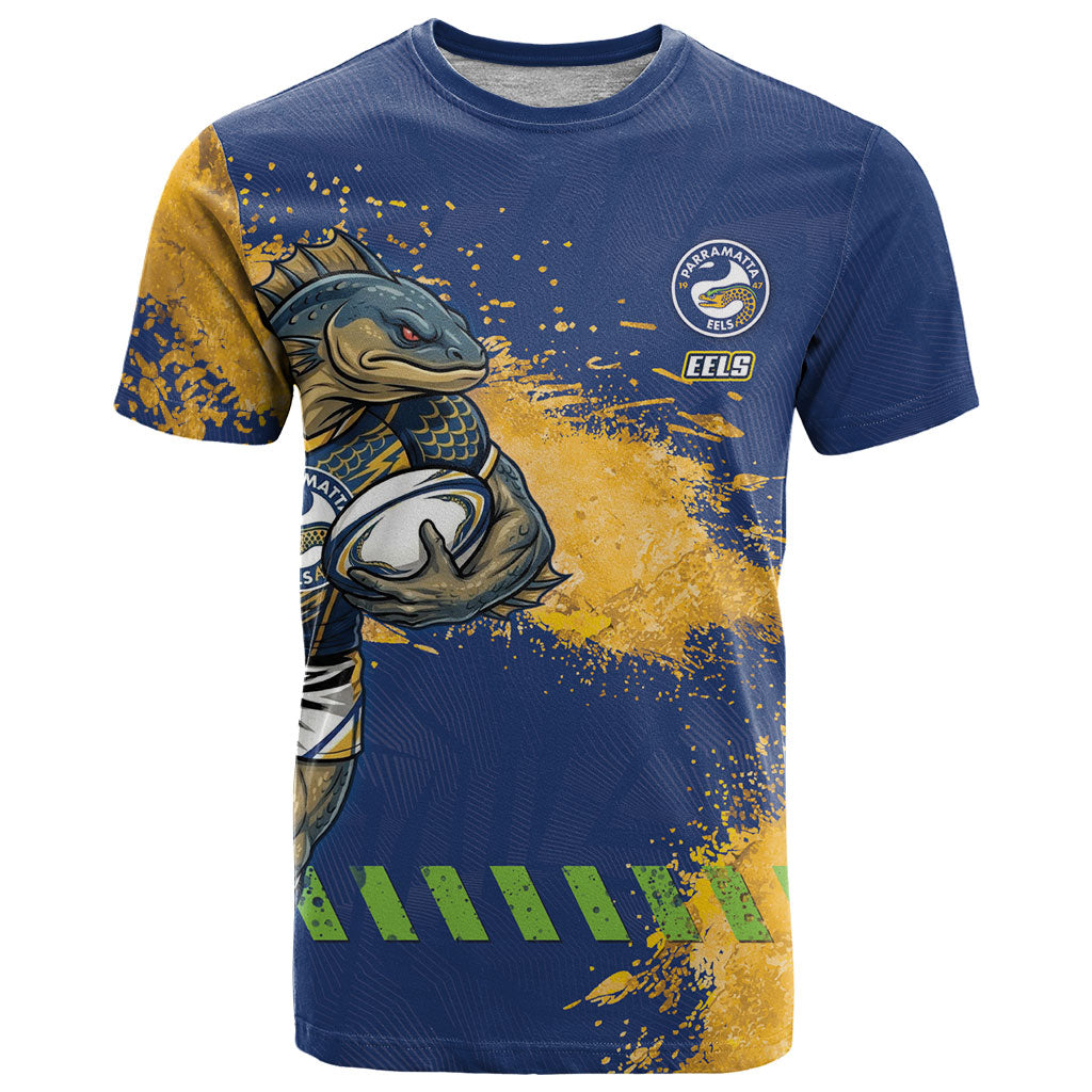 Personalised Parramatta Eels Rugby T Shirt Eel Mascot - Sporty Splash Art Style