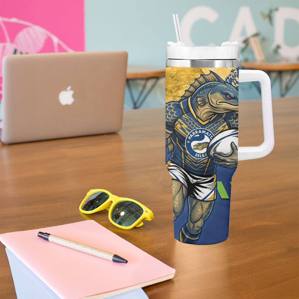 Personalised Parramatta Eels Rugby Tumbler With Handle Eel Mascot - Sporty Splash Art Style