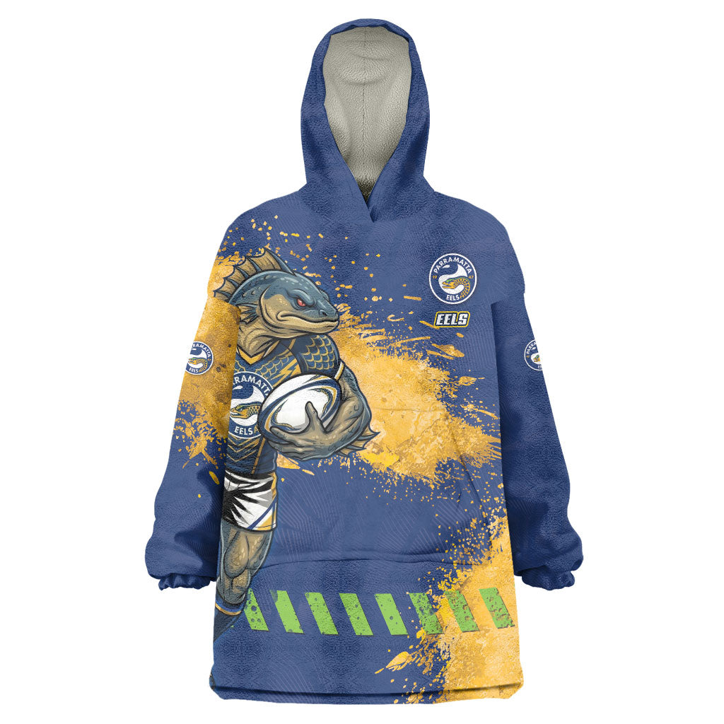 Personalised Parramatta Eels Rugby Wearable Blanket Hoodie Eel Mascot - Sporty Splash Art Style
