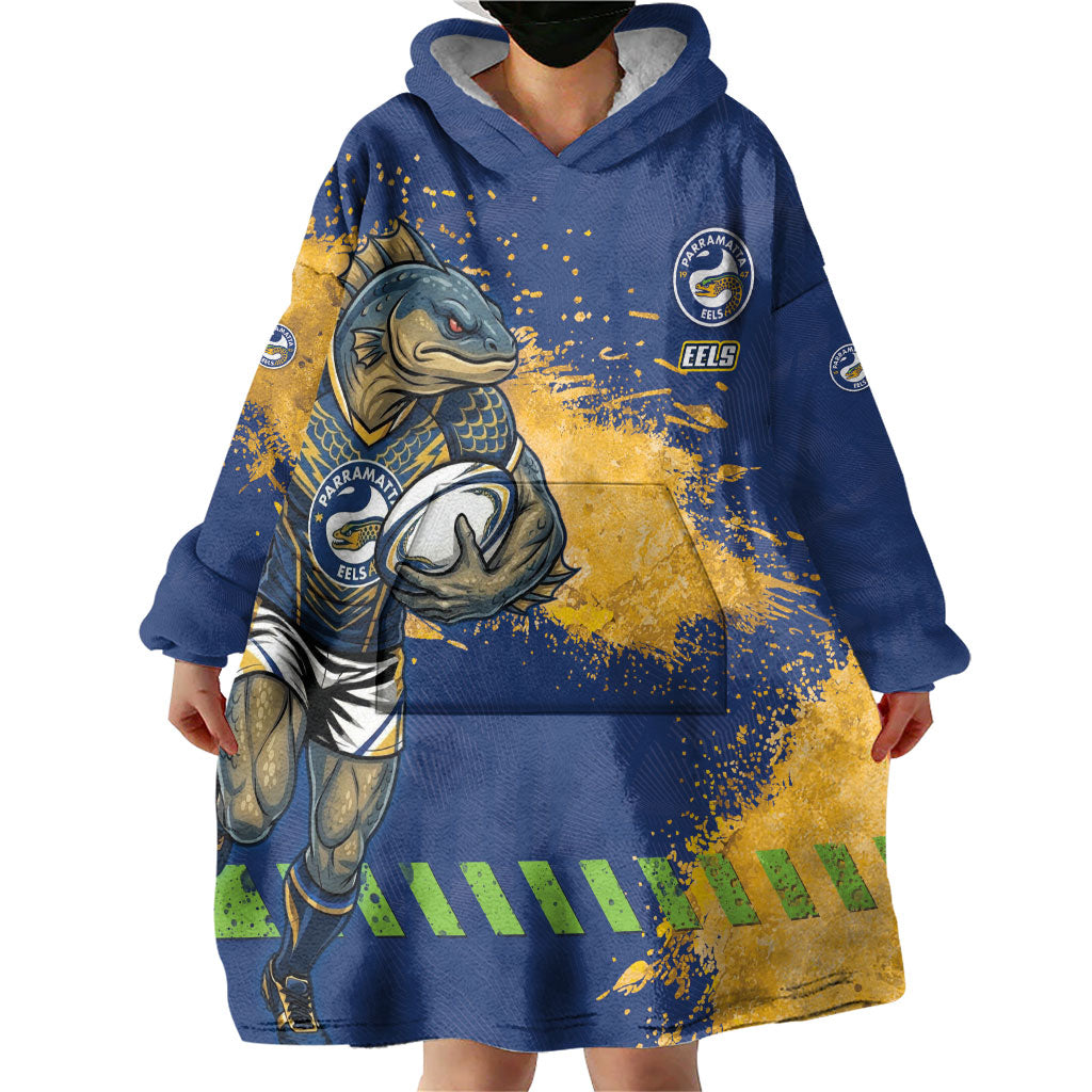 Personalised Parramatta Eels Rugby Wearable Blanket Hoodie Eel Mascot - Sporty Splash Art Style