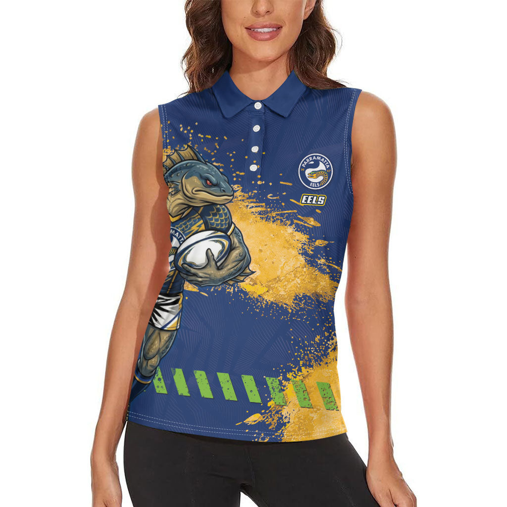 Personalised Parramatta Eels Rugby Women Sleeveless Polo Shirt Eel Mascot - Sporty Splash Art Style