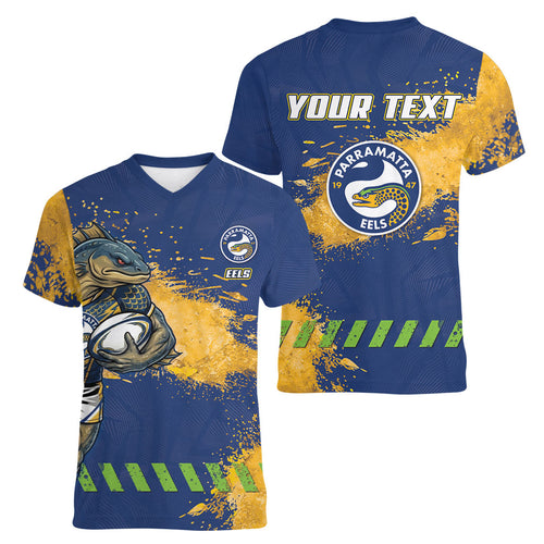 Personalised Parramatta Eels Rugby Women V-Neck T-Shirt Eel Mascot - Sporty Splash Art Style