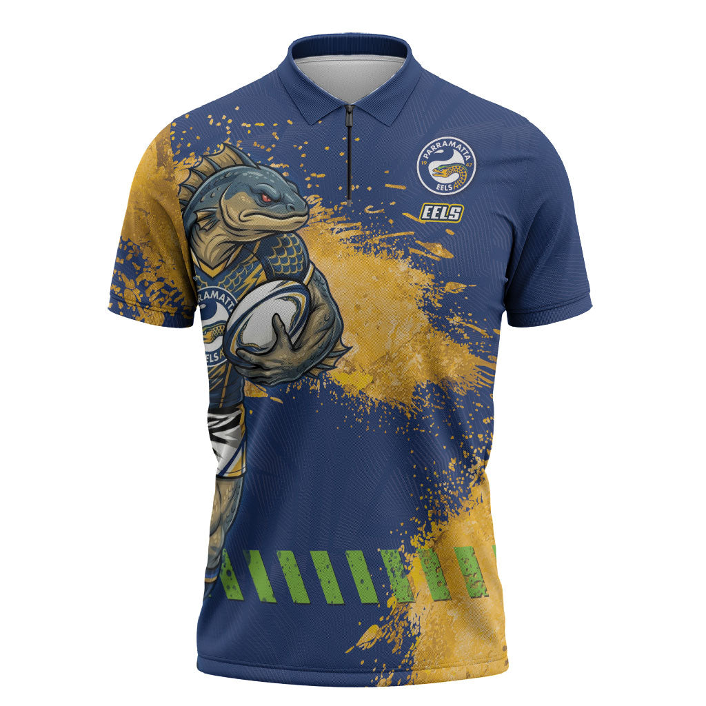 Personalised Parramatta Eels Rugby Zipper Polo Shirt Eel Mascot - Sporty Splash Art Style