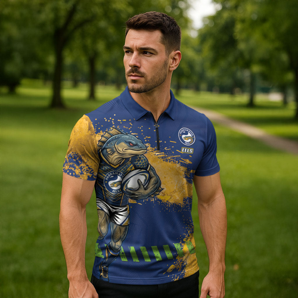 Personalised Parramatta Eels Rugby Zipper Polo Shirt Eel Mascot - Sporty Splash Art Style