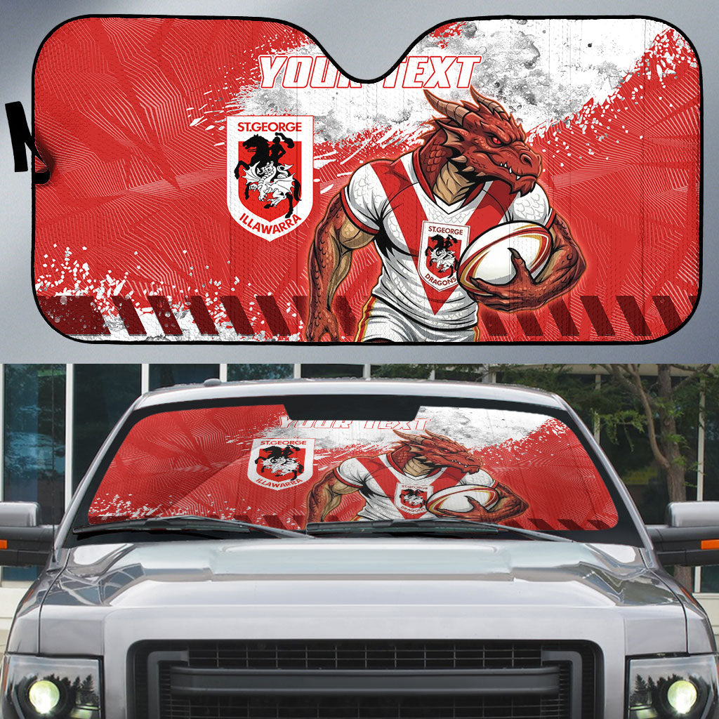 Personalised St. George Illawarra Dragons Rugby Auto Sun Shade Red Dragon Mascot - Sporty Splash Art Style