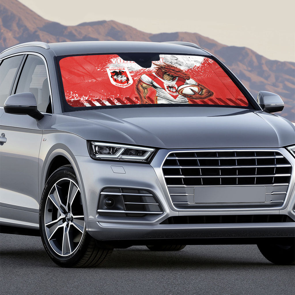 Personalised St. George Illawarra Dragons Rugby Auto Sun Shade Red Dragon Mascot - Sporty Splash Art Style