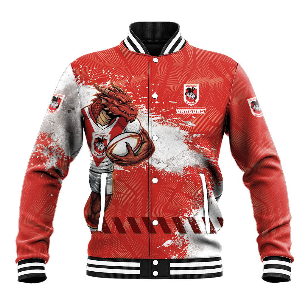 Personalised St. George Illawarra Dragons Rugby Baseball Jacket Red Dragon Mascot - Sporty Splash Art Style
