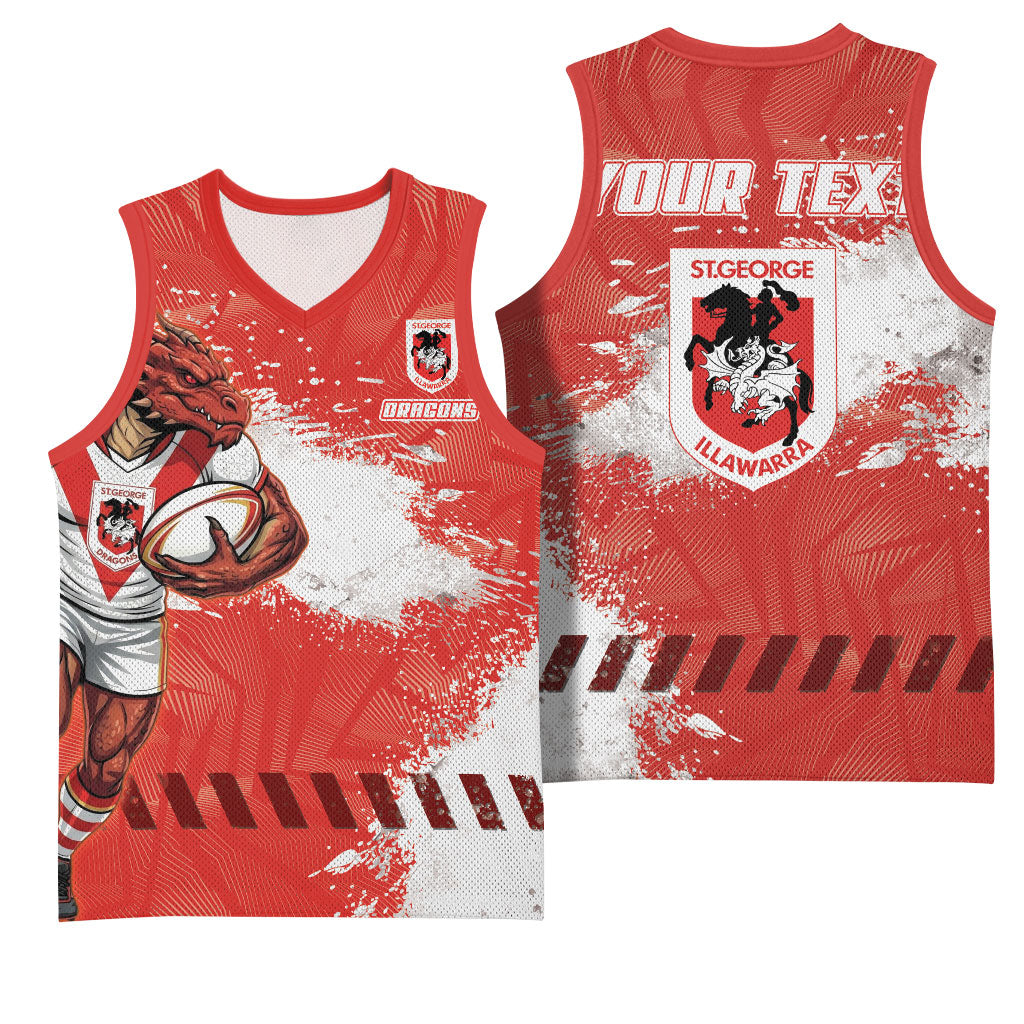 Personalised St. George Illawarra Dragons Rugby Basketball Jersey Red Dragon Mascot - Sporty Splash Art Style