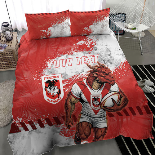 Personalised St. George Illawarra Dragons Rugby Bedding Set Red Dragon Mascot - Sporty Splash Art Style