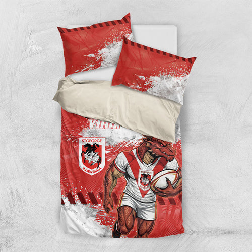 Personalised St. George Illawarra Dragons Rugby Bedding Set Red Dragon Mascot - Sporty Splash Art Style