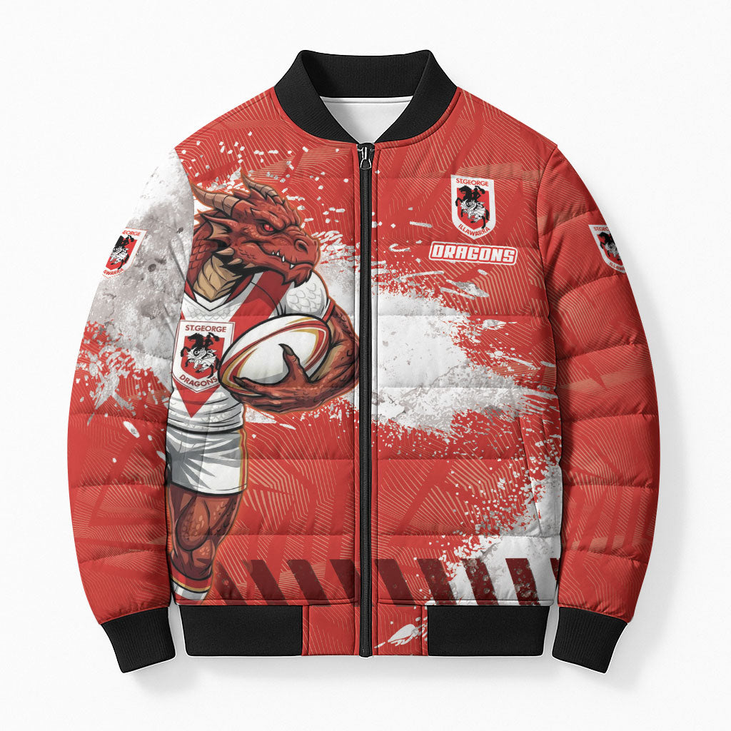 Personalised St. George Illawarra Dragons Rugby Bomber Puffer Jacket Red Dragon Mascot - Sporty Splash Art Style