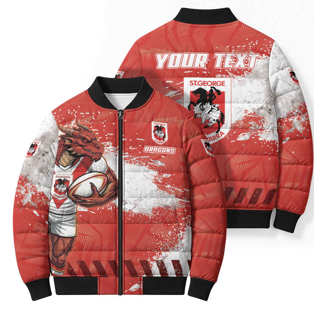 Personalised St. George Illawarra Dragons Rugby Bomber Puffer Jacket Red Dragon Mascot - Sporty Splash Art Style