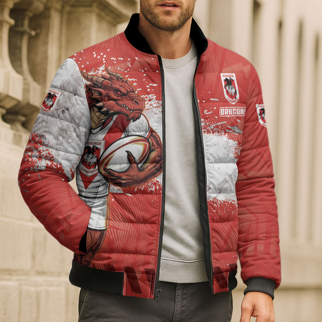 Personalised St. George Illawarra Dragons Rugby Bomber Puffer Jacket Red Dragon Mascot - Sporty Splash Art Style