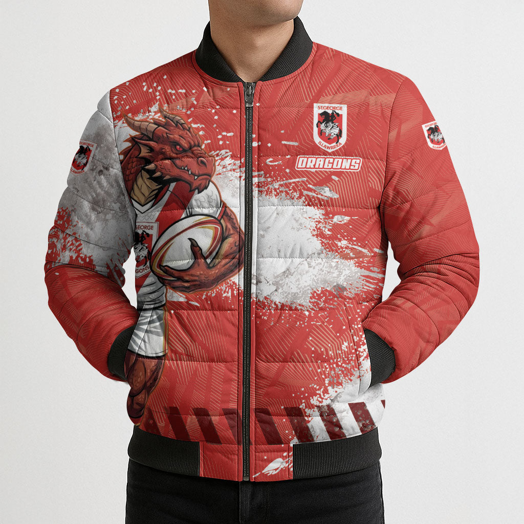 Personalised St. George Illawarra Dragons Rugby Bomber Puffer Jacket Red Dragon Mascot - Sporty Splash Art Style