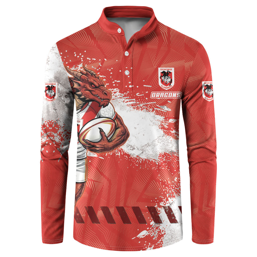 Personalised St. George Illawarra Dragons Rugby Button Sweatshirt Red Dragon Mascot - Sporty Splash Art Style