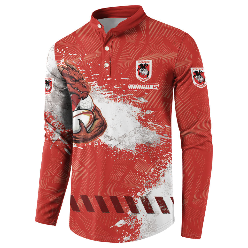 Personalised St. George Illawarra Dragons Rugby Button Sweatshirt Red Dragon Mascot - Sporty Splash Art Style