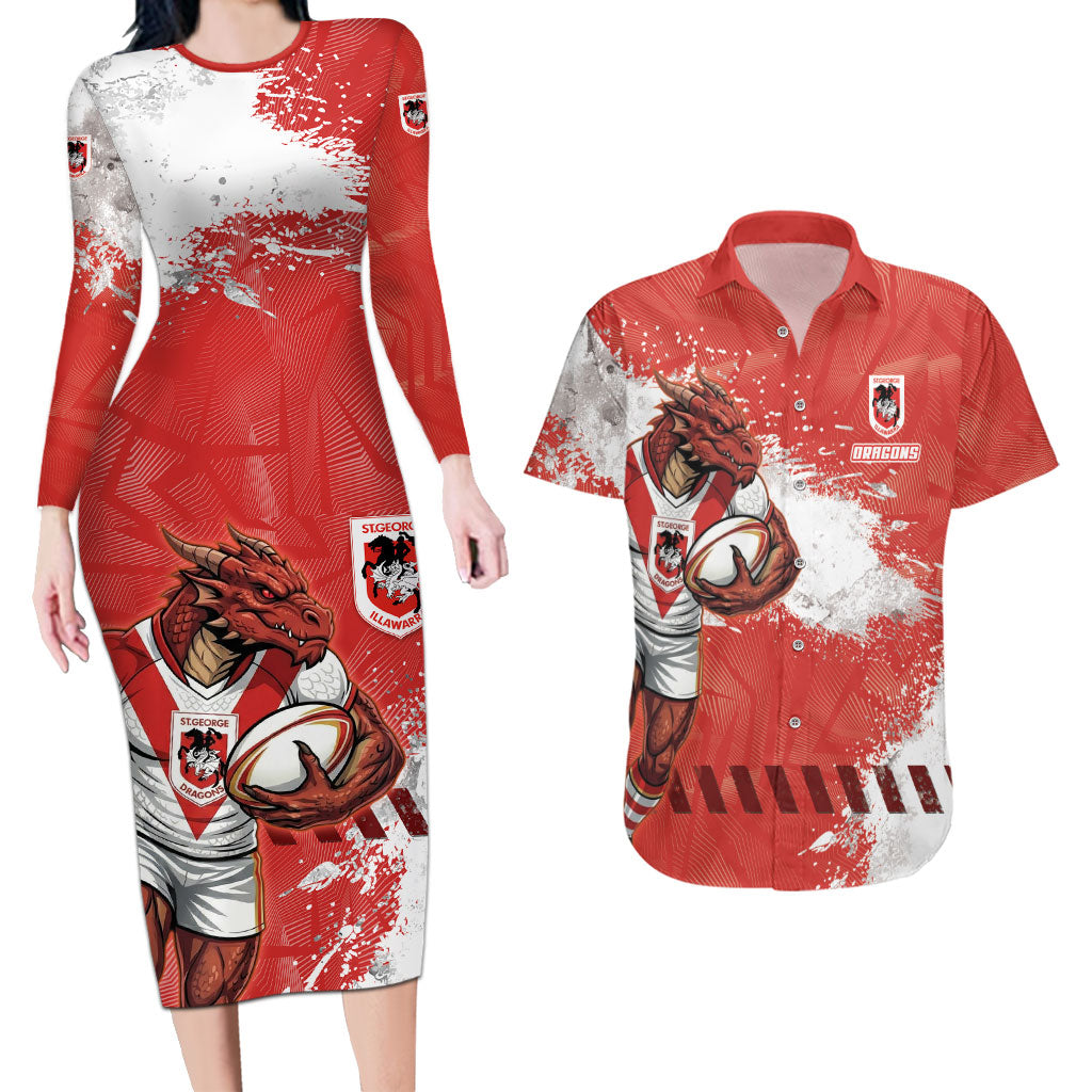 Personalised St. George Illawarra Dragons Rugby Couples Matching Long Sleeve Bodycon Dress and Hawaiian Shirt Red Dragon Mascot - Sporty Splash Art Style