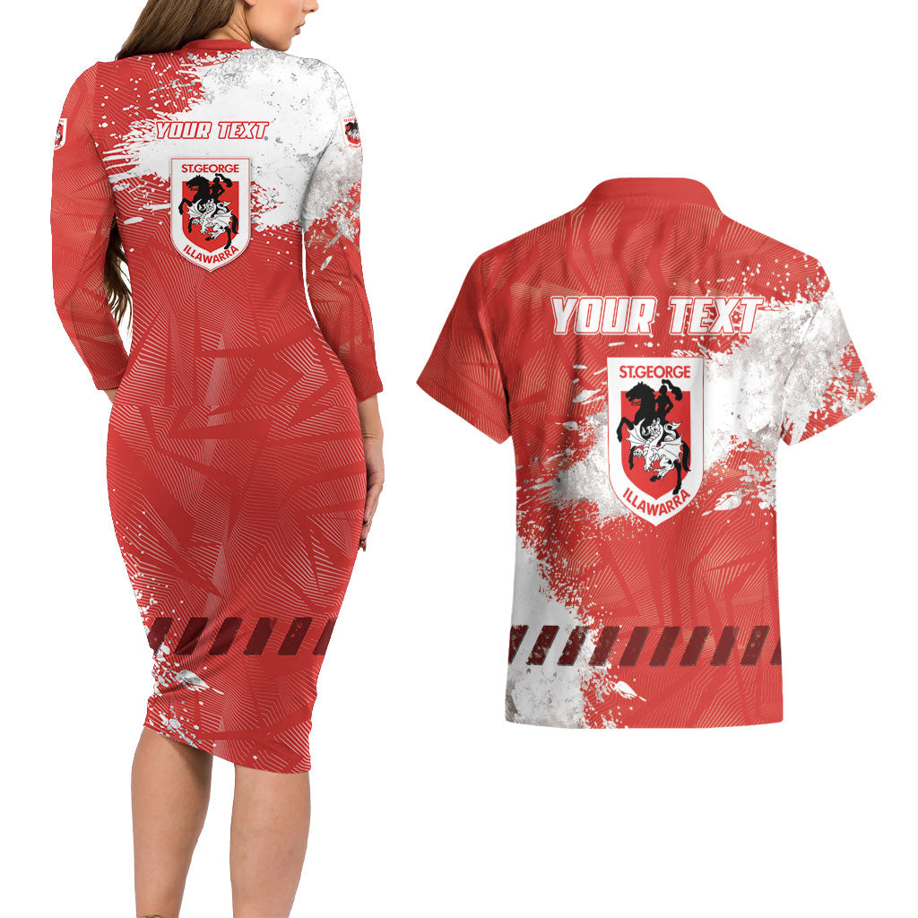 Personalised St. George Illawarra Dragons Rugby Couples Matching Long Sleeve Bodycon Dress and Hawaiian Shirt Red Dragon Mascot - Sporty Splash Art Style