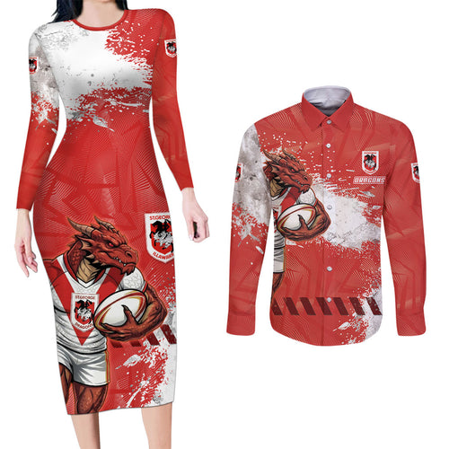 Personalised St. George Illawarra Dragons Rugby Couples Matching Long Sleeve Bodycon Dress and Long Sleeve Button Shirt Red Dragon Mascot - Sporty Splash Art Style