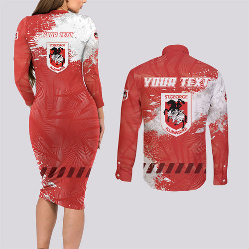 Personalised St. George Illawarra Dragons Rugby Couples Matching Long Sleeve Bodycon Dress and Long Sleeve Button Shirt Red Dragon Mascot - Sporty Splash Art Style