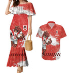 Personalised St. George Illawarra Dragons Rugby Couples Matching Mermaid Dress and Hawaiian Shirt Red Dragon Mascot - Sporty Splash Art Style