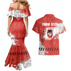 Personalised St. George Illawarra Dragons Rugby Couples Matching Mermaid Dress and Hawaiian Shirt Red Dragon Mascot - Sporty Splash Art Style