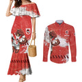 Personalised St. George Illawarra Dragons Rugby Couples Matching Mermaid Dress and Long Sleeve Button Shirt Red Dragon Mascot - Sporty Splash Art Style