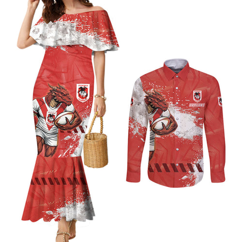 Personalised St. George Illawarra Dragons Rugby Couples Matching Mermaid Dress and Long Sleeve Button Shirt Red Dragon Mascot - Sporty Splash Art Style