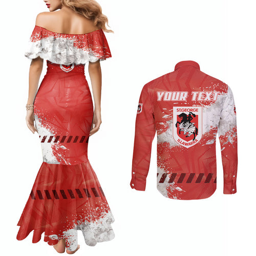 Personalised St. George Illawarra Dragons Rugby Couples Matching Mermaid Dress and Long Sleeve Button Shirt Red Dragon Mascot - Sporty Splash Art Style